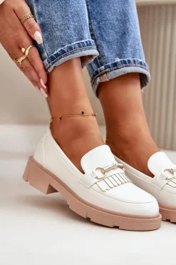 Mokasyny Damskie Z Ozdobą Eko Skórzane Białe Tialorae