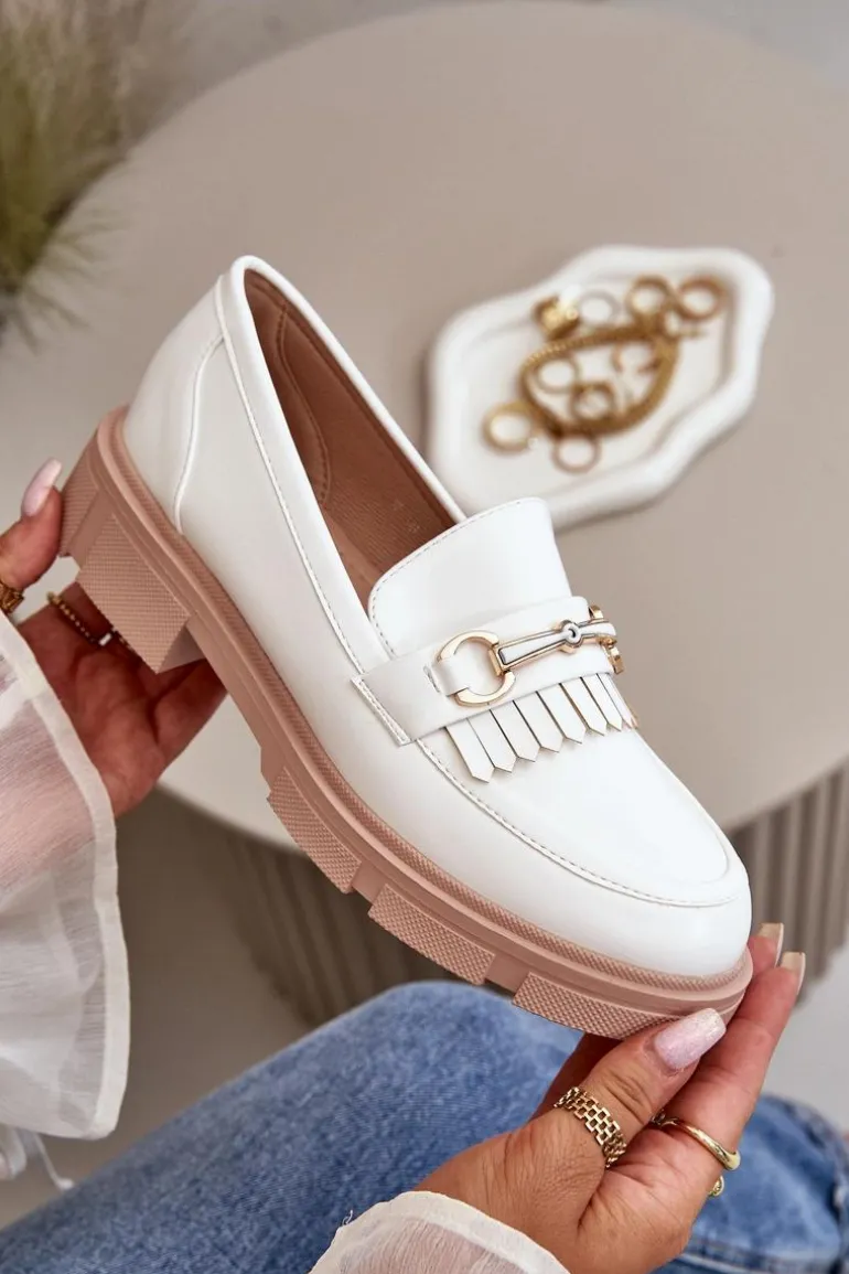 Mokasyny Damskie Z Ozdobą Eko Skórzane Białe Tialorae