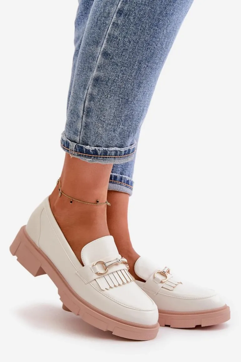 Mokasyny Damskie Z Ozdobą Eko Skórzane Białe Tialorae