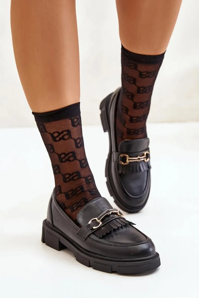 Mokasyny Damskie Z Ozdobą Eko Skórzane Czarne Tialorae