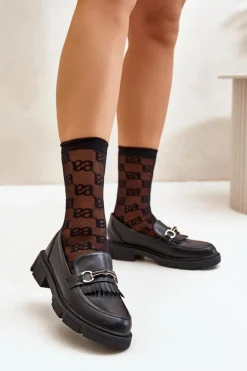 Mokasyny Damskie Z Ozdobą Eko Skórzane Czarne Tialorae