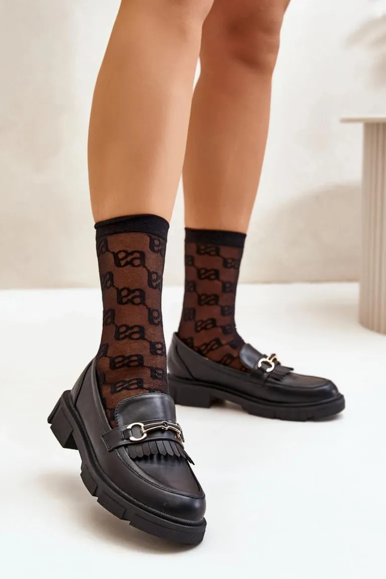 Mokasyny Damskie Z Ozdobą Eko Skórzane Czarne Tialorae