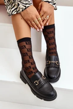 Mokasyny Damskie Z Ozdobą Eko Skórzane Czarne Tialorae