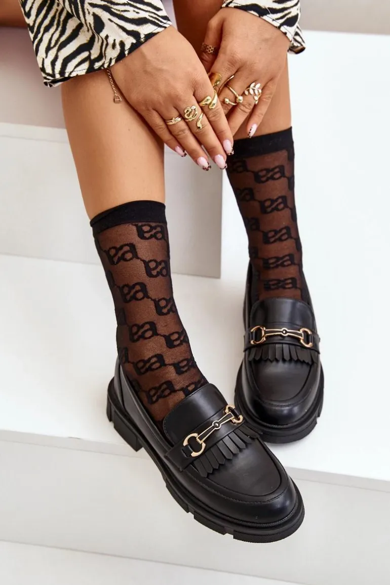 Mokasyny Damskie Z Ozdobą Eko Skórzane Czarne Tialorae