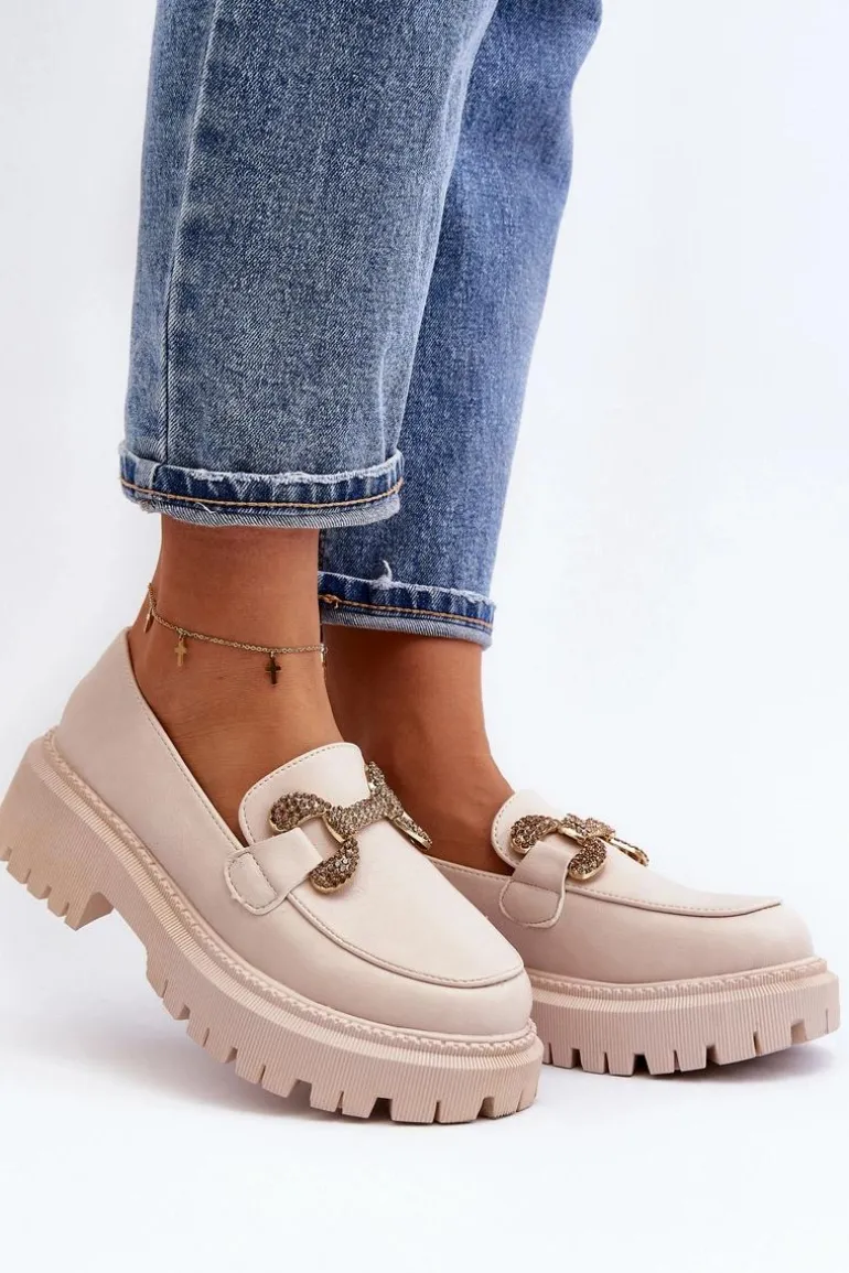 Mokasyny Damskie Z Ozdobą Jasnobeżowe Gargi