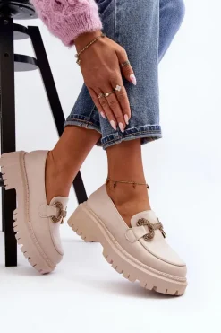 Mokasyny Damskie Z Ozdobą Jasnobeżowe Gargi