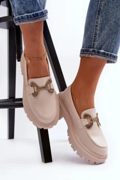 Mokasyny Damskie Z Ozdobą Jasnobeżowe Gargi