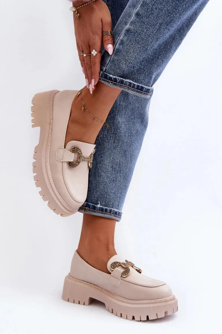 Mokasyny Damskie Z Ozdobą Jasnobeżowe Gargi