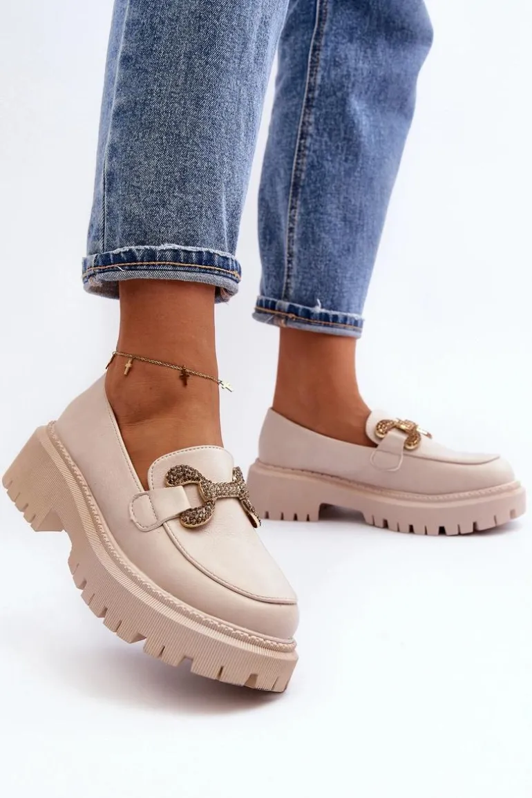 Mokasyny Damskie Z Ozdobą Jasnobeżowe Gargi