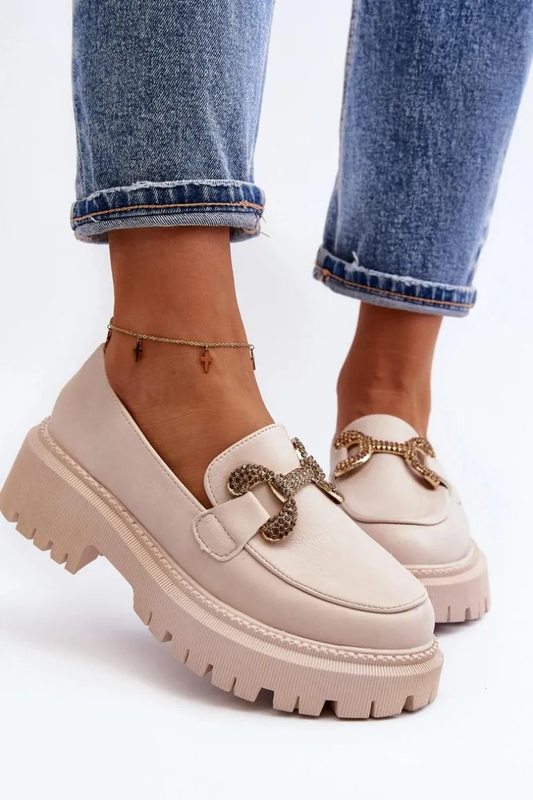 Mokasyny Damskie Z Ozdobą Jasnobeżowe Gargi