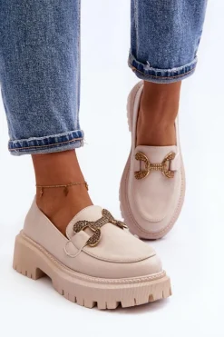 Mokasyny Damskie Z Ozdobą Jasnobeżowe Gargi