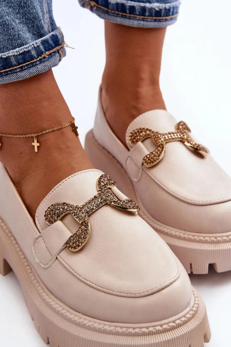 Mokasyny Damskie Z Ozdobą Jasnobeżowe Gargi
