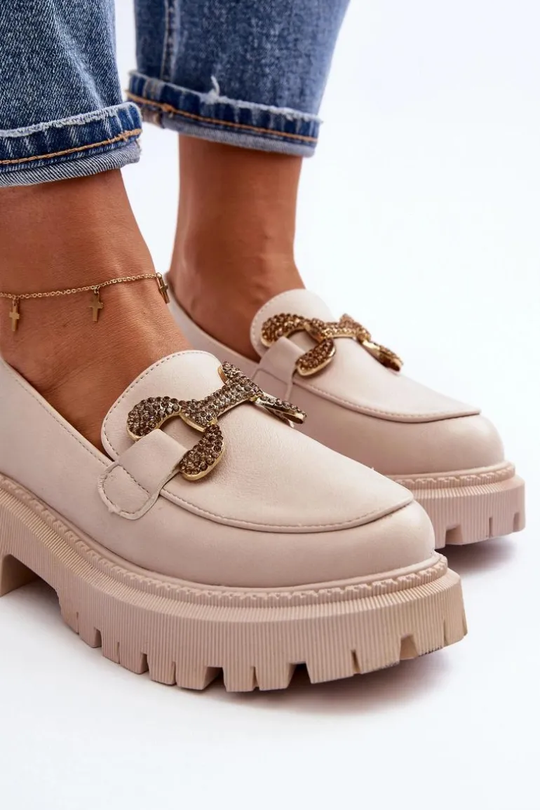 Mokasyny Damskie Z Ozdobą Jasnobeżowe Gargi