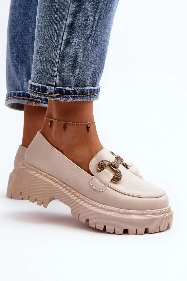 Mokasyny Damskie Z Ozdobą Jasnobeżowe Gargi