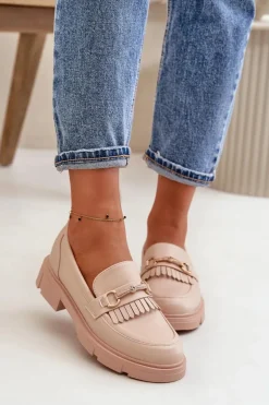 Mokasyny Damskie Z Ozdobą Eko Skórzane Beżowe Tialorae