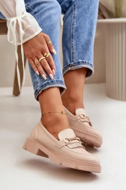 Mokasyny Damskie Z Ozdobą Eko Skórzane Beżowe Tialorae