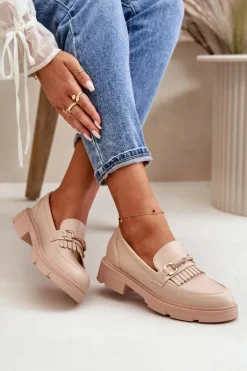 Mokasyny Damskie Z Ozdobą Eko Skórzane Beżowe Tialorae