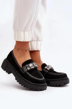 Mokasyny Damskie Z Ozdobnym Paskiem Czarne Nancille