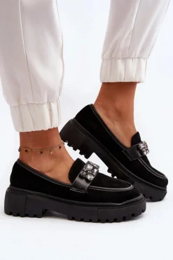 Mokasyny Damskie Z Ozdobnym Paskiem Czarne Nancille