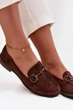 Mokasyny Damskie Z Ozdobnym Detalem Eko Zamszowe Czekoladowe Ambria