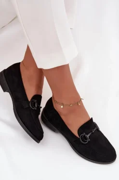 Mokasyny Damskie Z Ozdobnym Detalem Eko Zamszowe Czarne Ambria