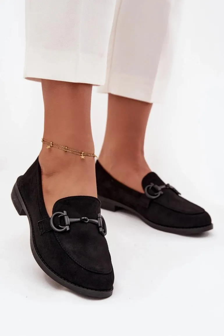 Mokasyny Damskie Z Ozdobnym Detalem Eko Zamszowe Czarne Ambria