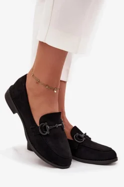 Mokasyny Damskie Z Ozdobnym Detalem Eko Zamszowe Czarne Ambria