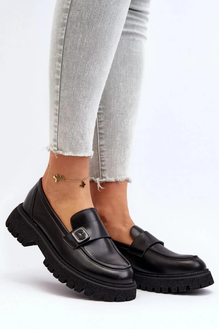Mokasyny Damskie Z Paskiem Czarne Flanila