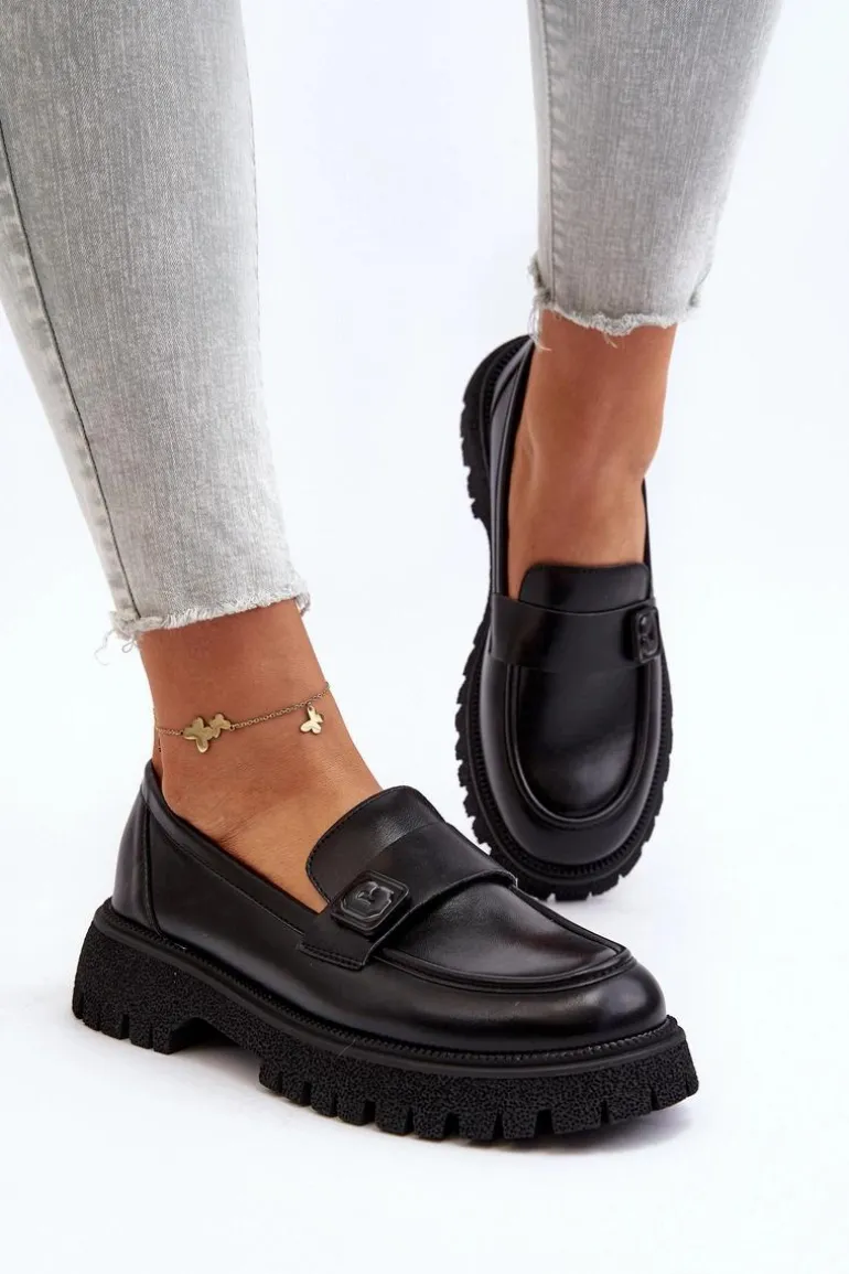 Mokasyny Damskie Z Paskiem Czarne Flanila