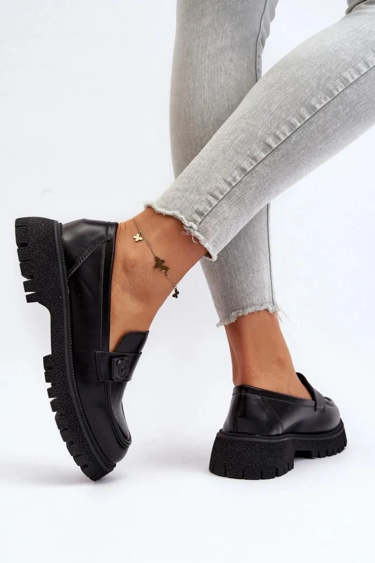 Mokasyny Damskie Z Paskiem Czarne Flanila