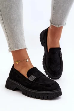 Mokasyny Damskie Z Paskiem Czarne Flanila