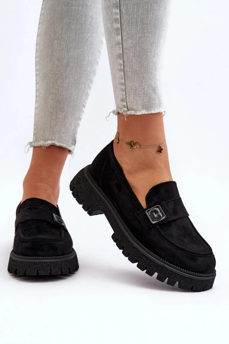 Mokasyny Damskie Z Paskiem Czarne Flanila