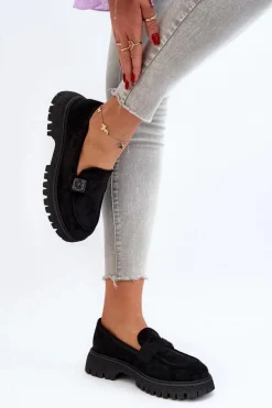 Mokasyny Damskie Z Paskiem Czarne Flanila