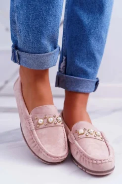 Mokasyny Damskie Z Perełkami Różowe Noell