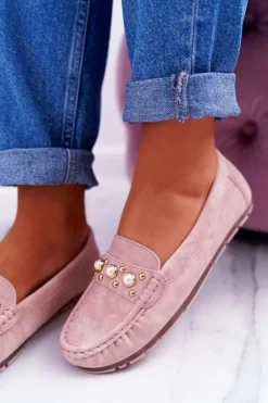 Mokasyny Damskie Z Perełkami Różowe Noell