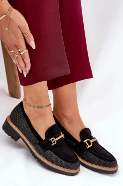 Mokasyny Damskie Z Plecionką I Złotym Detalem Czarne Seffolia