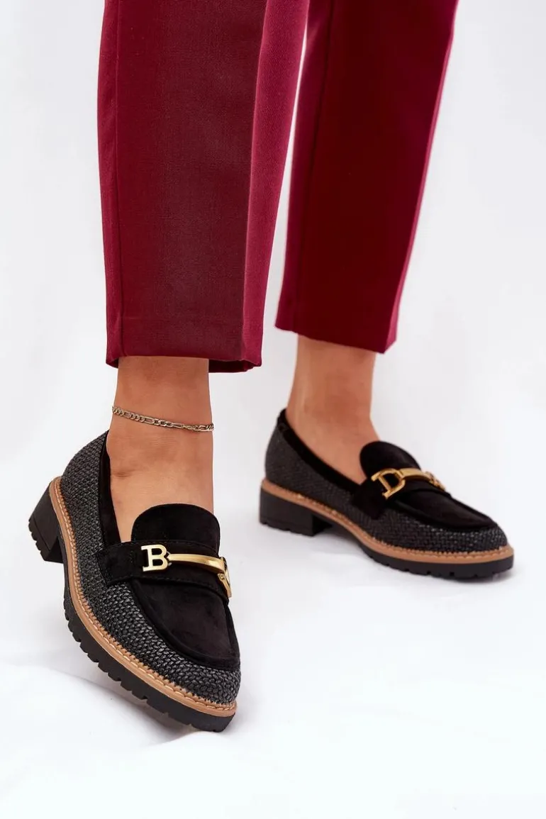 Mokasyny Damskie Z Plecionką I Złotym Detalem Czarne Seffolia