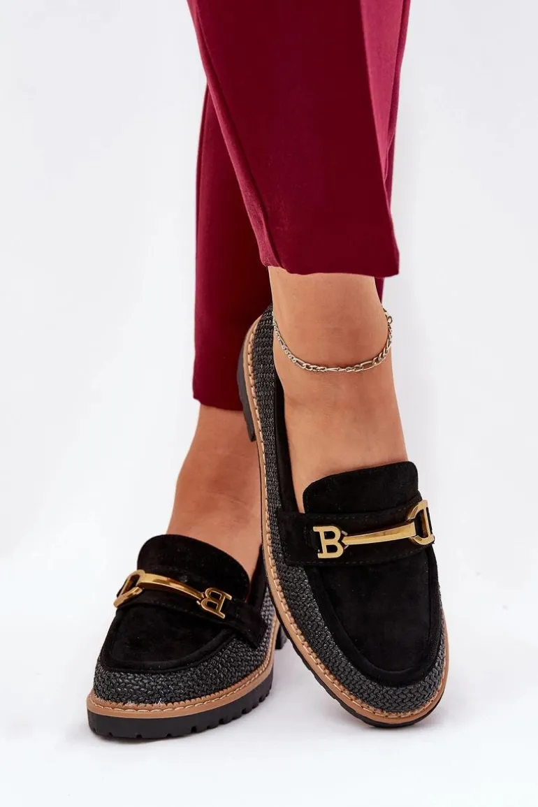 Mokasyny Damskie Z Plecionką I Złotym Detalem Czarne Seffolia