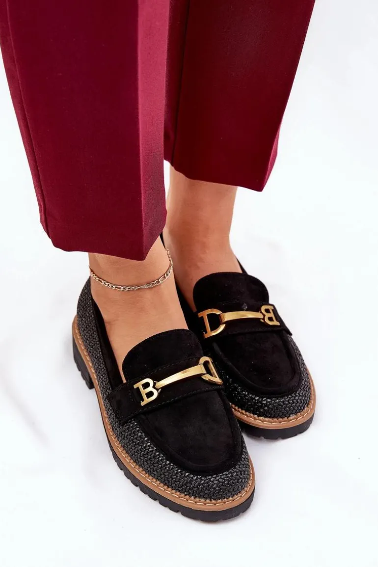 Mokasyny Damskie Z Plecionką I Złotym Detalem Czarne Seffolia