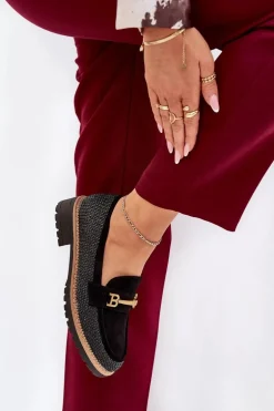 Mokasyny Damskie Z Plecionką I Złotym Detalem Czarne Seffolia