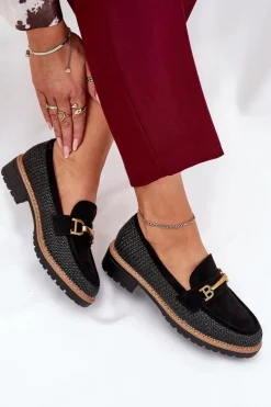 Mokasyny Damskie Z Plecionką I Złotym Detalem Czarne Seffolia