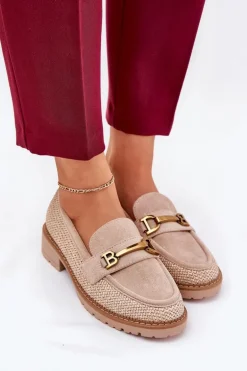 Mokasyny Damskie Z Plecionką I Złotym Detalem Beżowe Seffolia