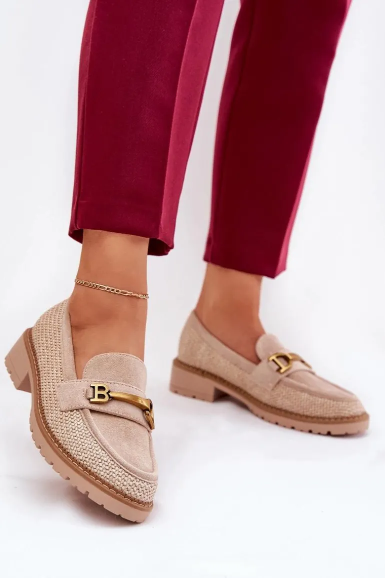 Mokasyny Damskie Z Plecionką I Złotym Detalem Beżowe Seffolia