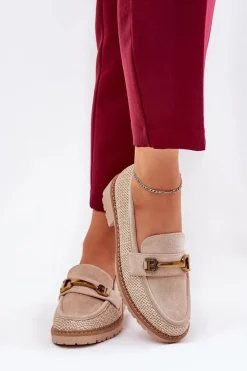 Mokasyny Damskie Z Plecionką I Złotym Detalem Beżowe Seffolia