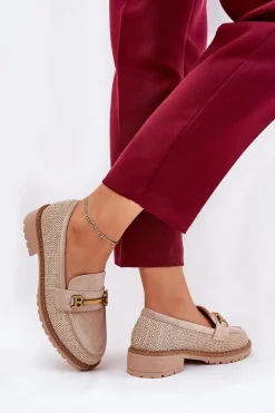 Mokasyny Damskie Z Plecionką I Złotym Detalem Beżowe Seffolia
