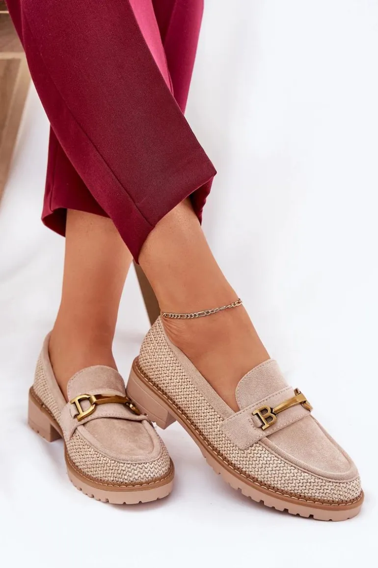 Mokasyny Damskie Z Plecionką I Złotym Detalem Beżowe Seffolia