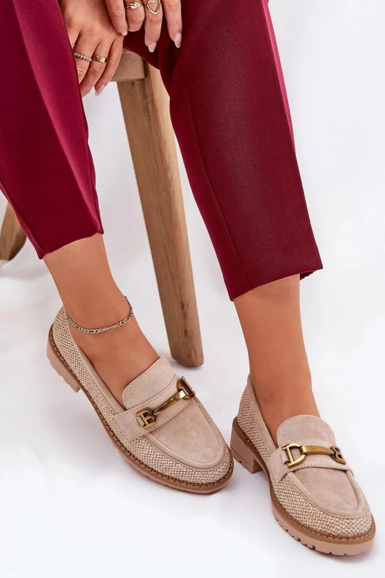 Mokasyny Damskie Z Plecionką I Złotym Detalem Beżowe Seffolia