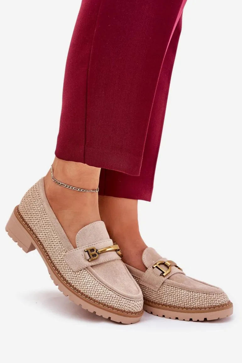 Mokasyny Damskie Z Plecionką I Złotym Detalem Beżowe Seffolia