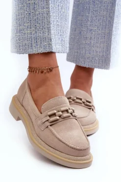 Mokasyny Damskie Zamszowe Na Płaskim Obcasie Z Ozdobą D&A TW101 Beżowe