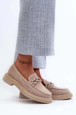 Mokasyny Damskie Zamszowe Na Płaskim Obcasie Z Ozdobą D&A TW101 Beżowe